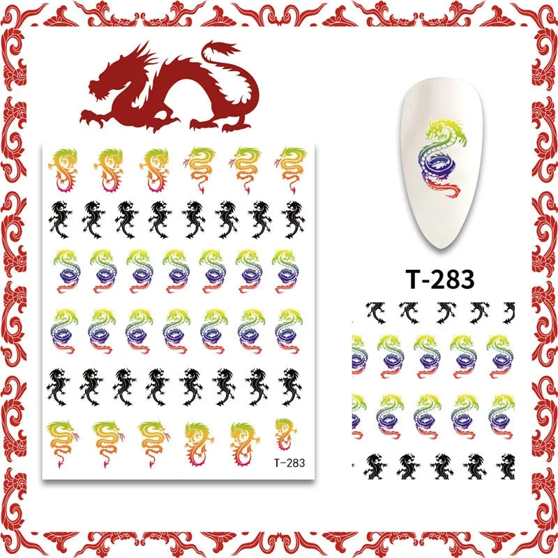 New 3D Nail Art Stickers Decals Red Black Dragons Design Colorful Adhesive Stickers Nail Art Decoration-Nail Inspo