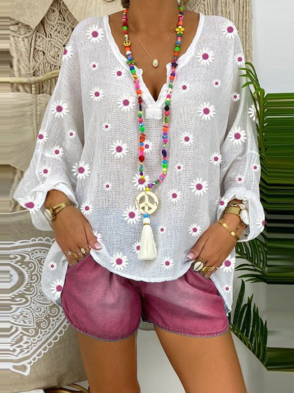 Women's Long Sleeve V-neck Floral Printed Top & Pockets Design Shorts Set