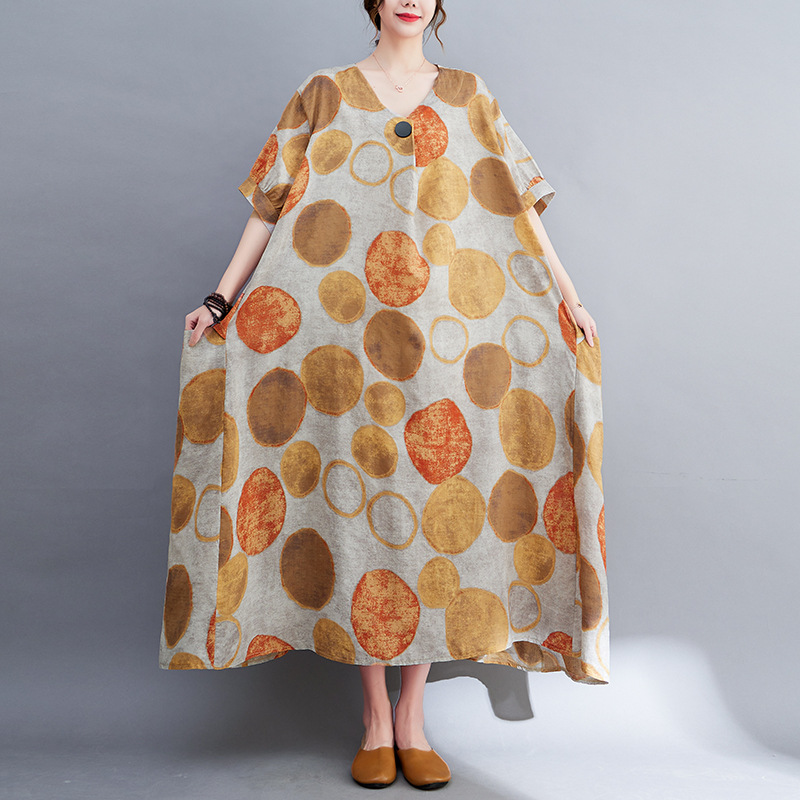 Vintage Polka Dot Print Cotton Linen Short Sleeve Midi Dress