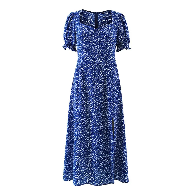 Aachoae Bohemian Floral Print Sexy Split Dress Women Summer Puff Short Sleeve Midi Dress Female A-line Chic Party Dresses