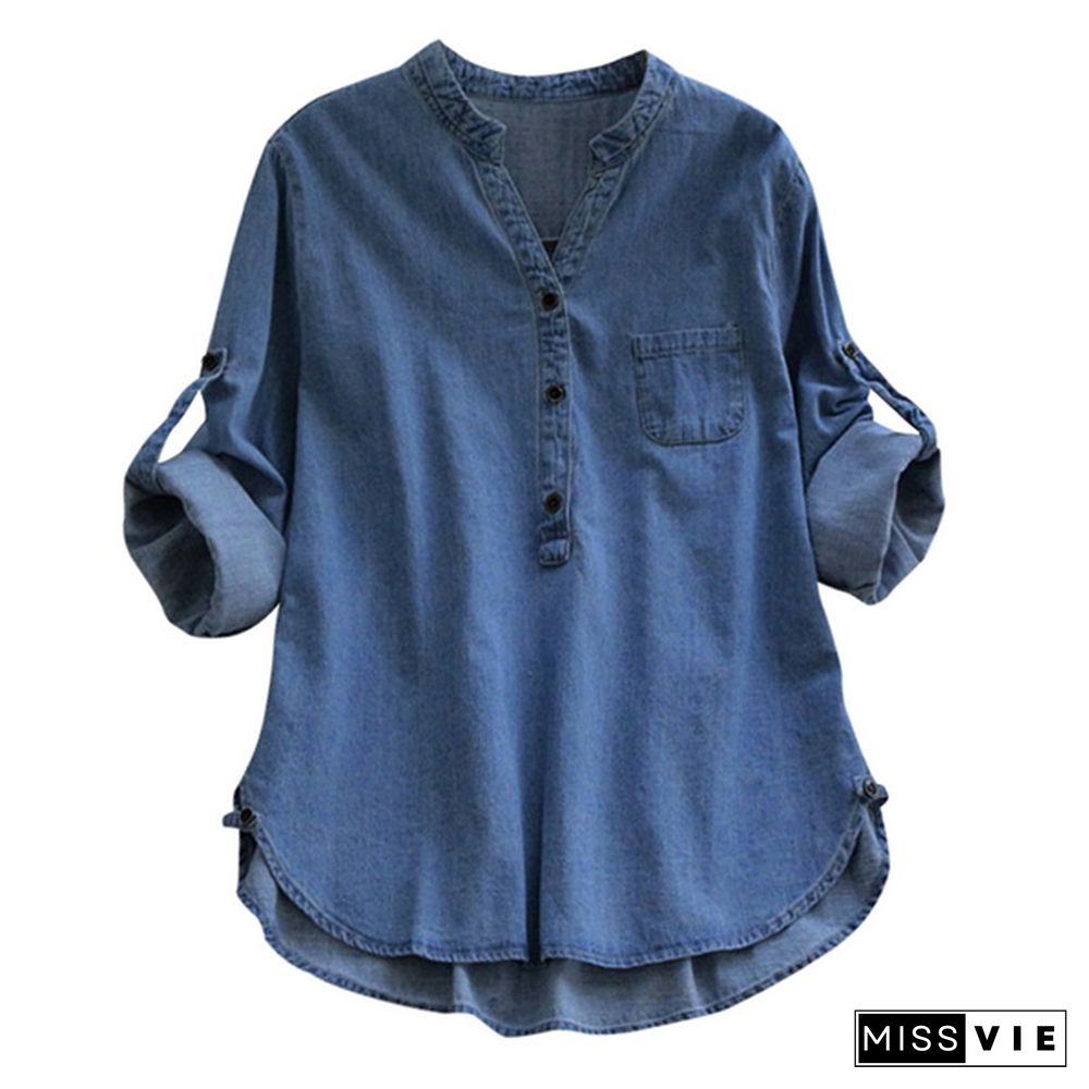 Denim Blue Shirt Women Long Sleeve V Neck Long Adjustable Sleeve Buttons Dip Hem Jeans Shirts Tops