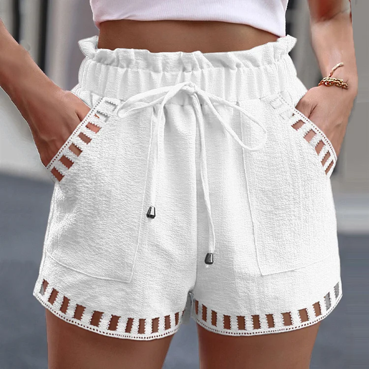 Casual Cotton And Linen Hollow Out Pocket Drawstring Shorts