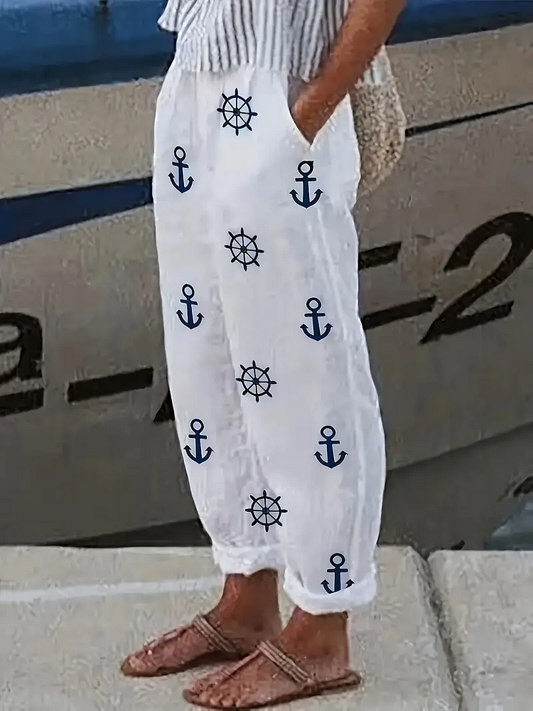 Plus Size Anchor Print Straight Leg Pants