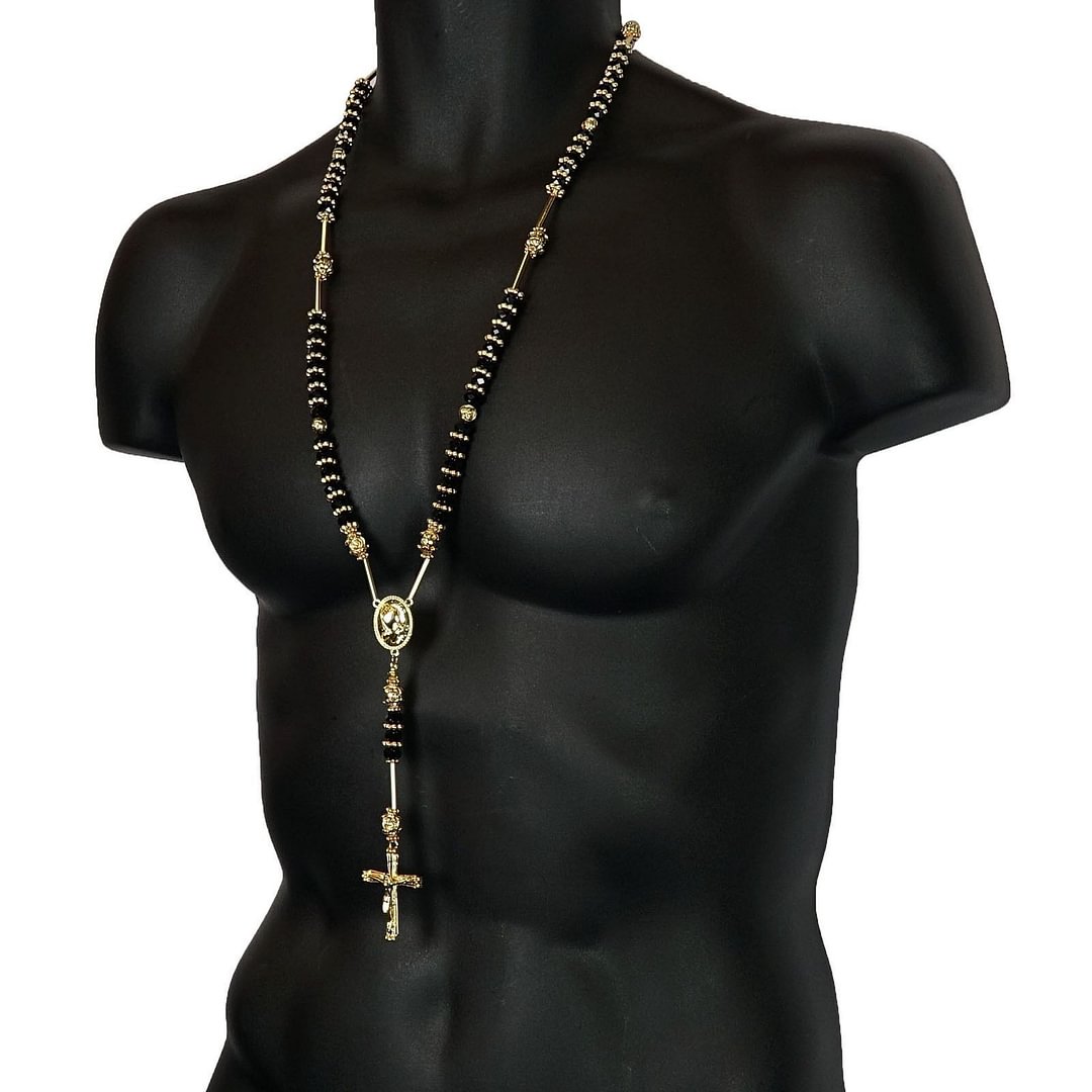 Gold black Crystal Beads Rosary With PRAYER & Cross Pendants-VESSFUL
