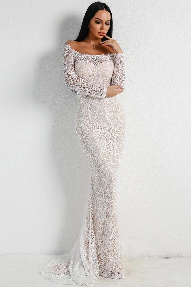 Off-the-Shoulder Long Sleeve Mermaid Evening Gowns Lace Long Prom Dress Online - lulusllly