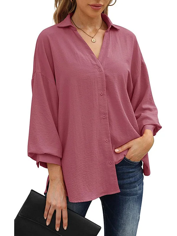 Women's 3/4 Sleeve V-neck Solid Color Button Top