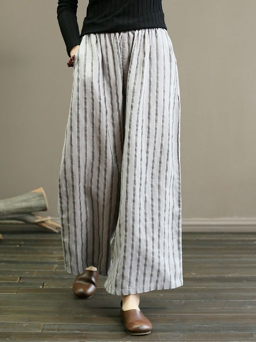 Stripe Cotton Linen Loose High Waist Wide Leg Pants