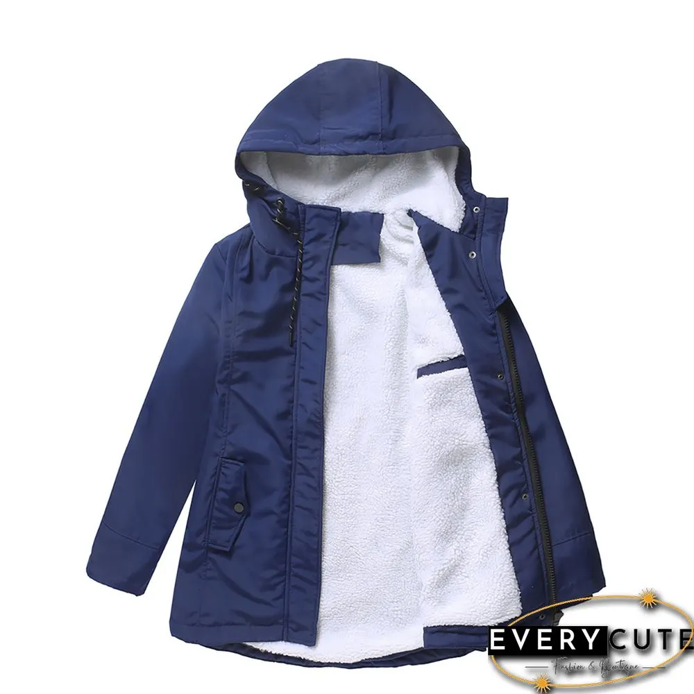 Navy Blue Plush Warm Hooded Parka Coat