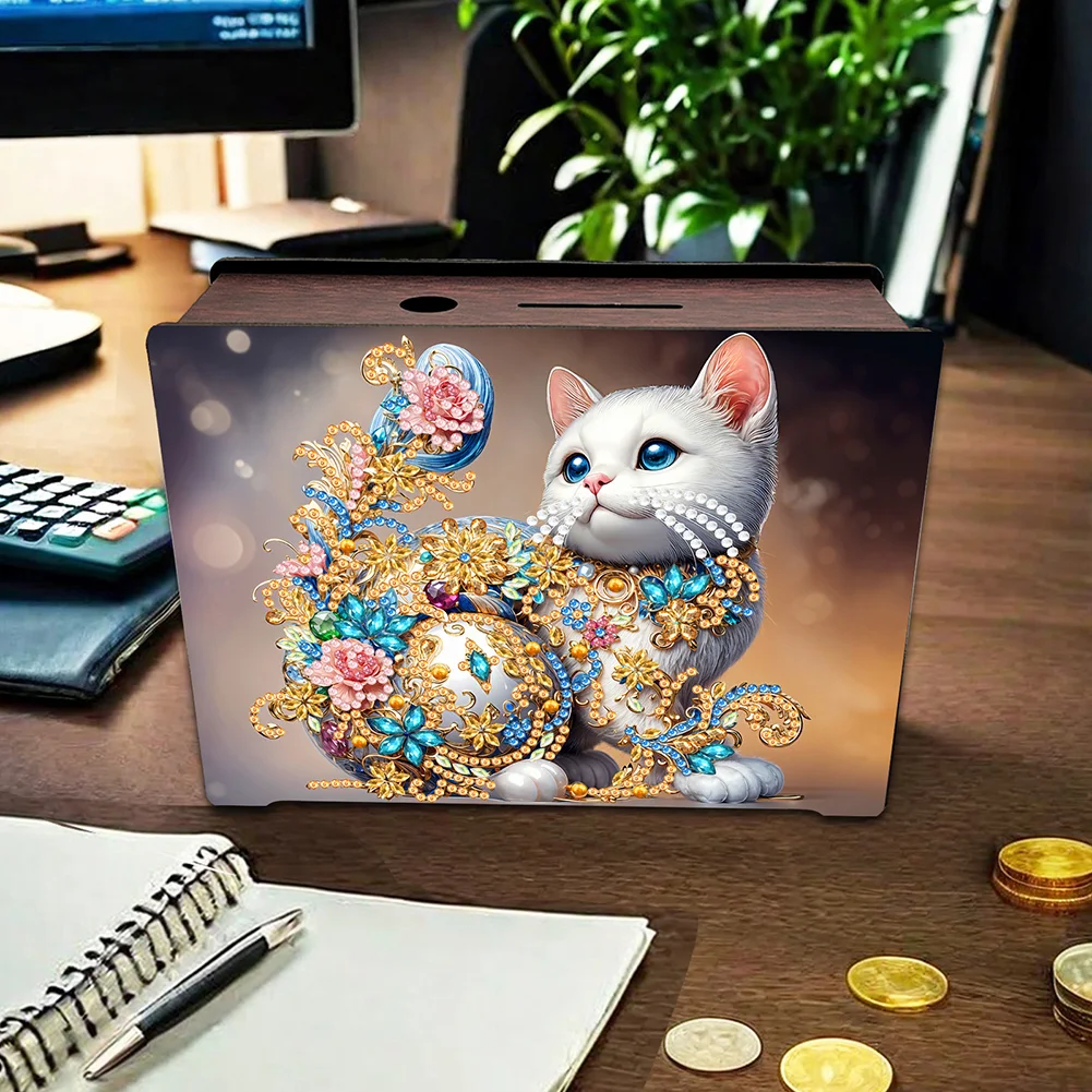 DIY Wooden Cat Diamond Painting Money Saving Box Desktop Coin Bank for Home Decor