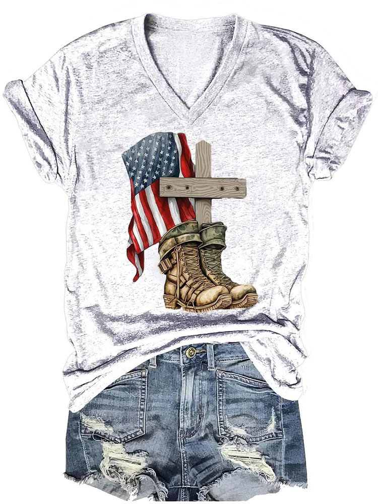 Independence Day USA Letter Art Print Casual T-shirt