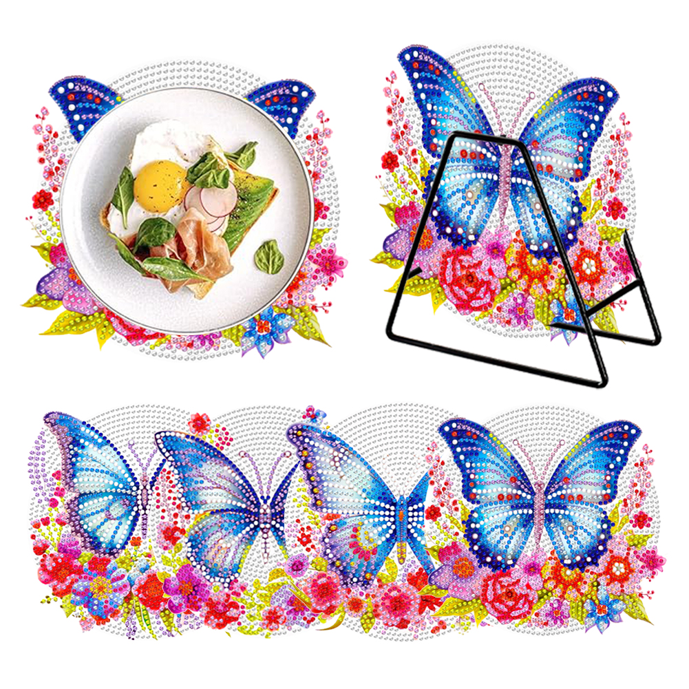 4Pcs Wooden Diamond Painting Placemats Round Diamond Art Table Mats(Butterfly A)