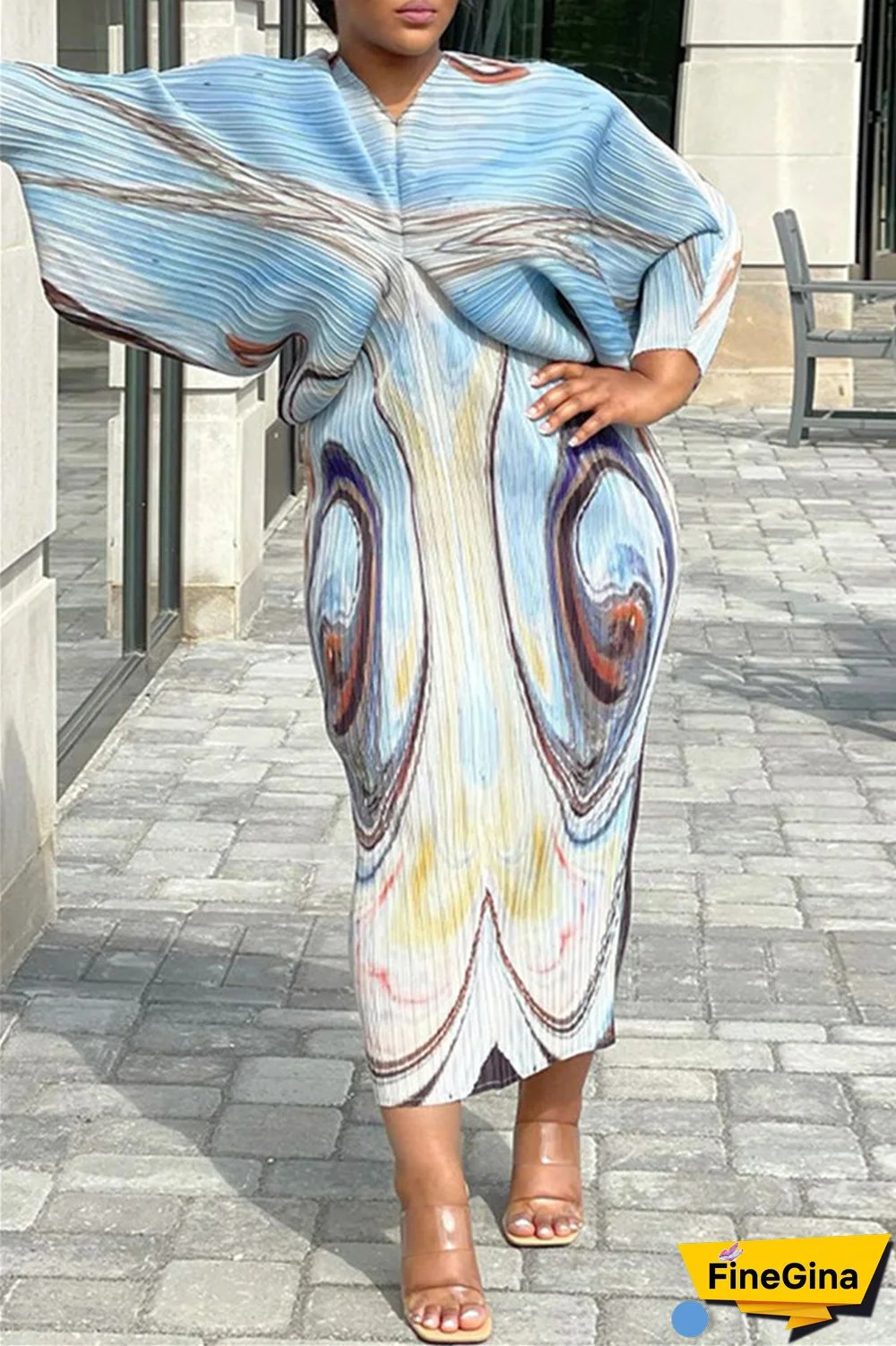 Pink Purple Casual Print Patchwork V Neck Pencil Skirt Plus Size Dresses