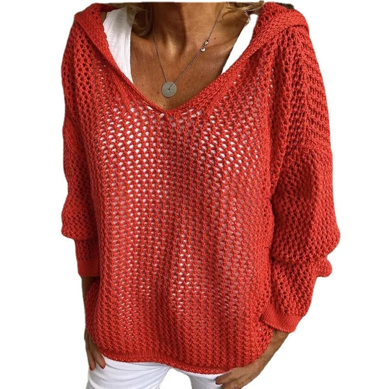 Brownm Outer Wear Knitted Pullover Hooded Sun-proof Top Thin Loose Sweater