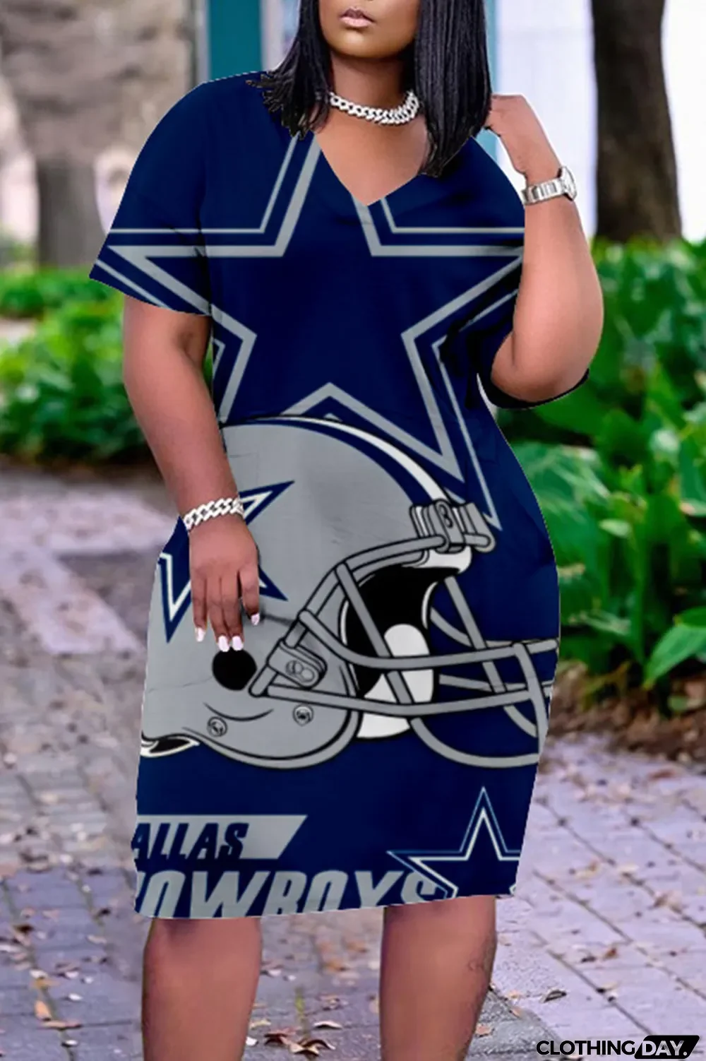 Blue White Casual Print Patchwork V Neck Straight Dresses