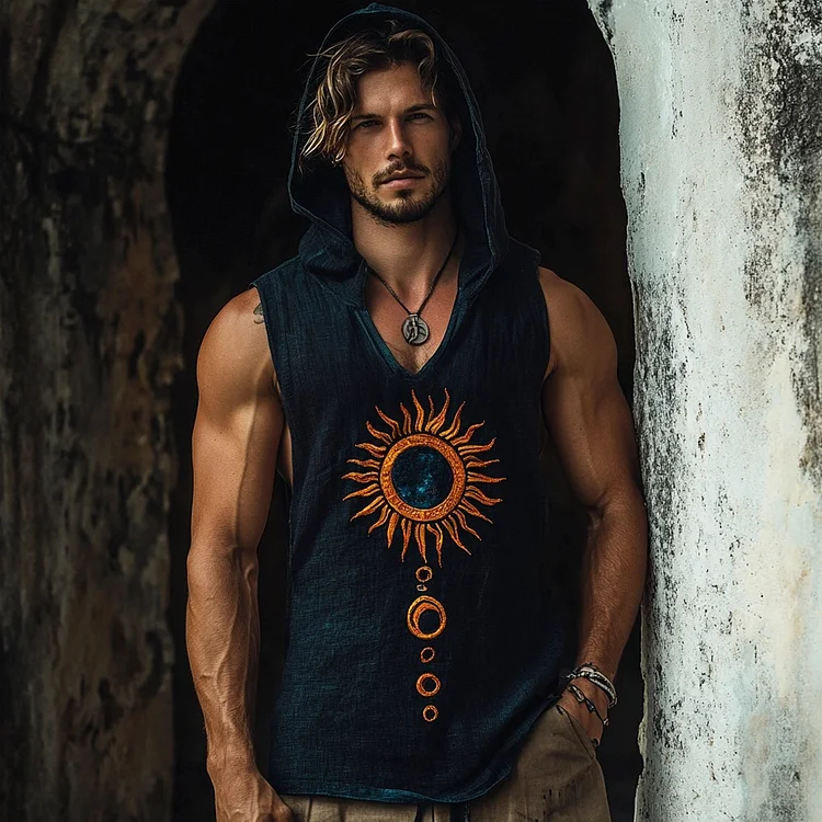 Nordic Myth Sun Embroidered Men's Hooded Tank Top
