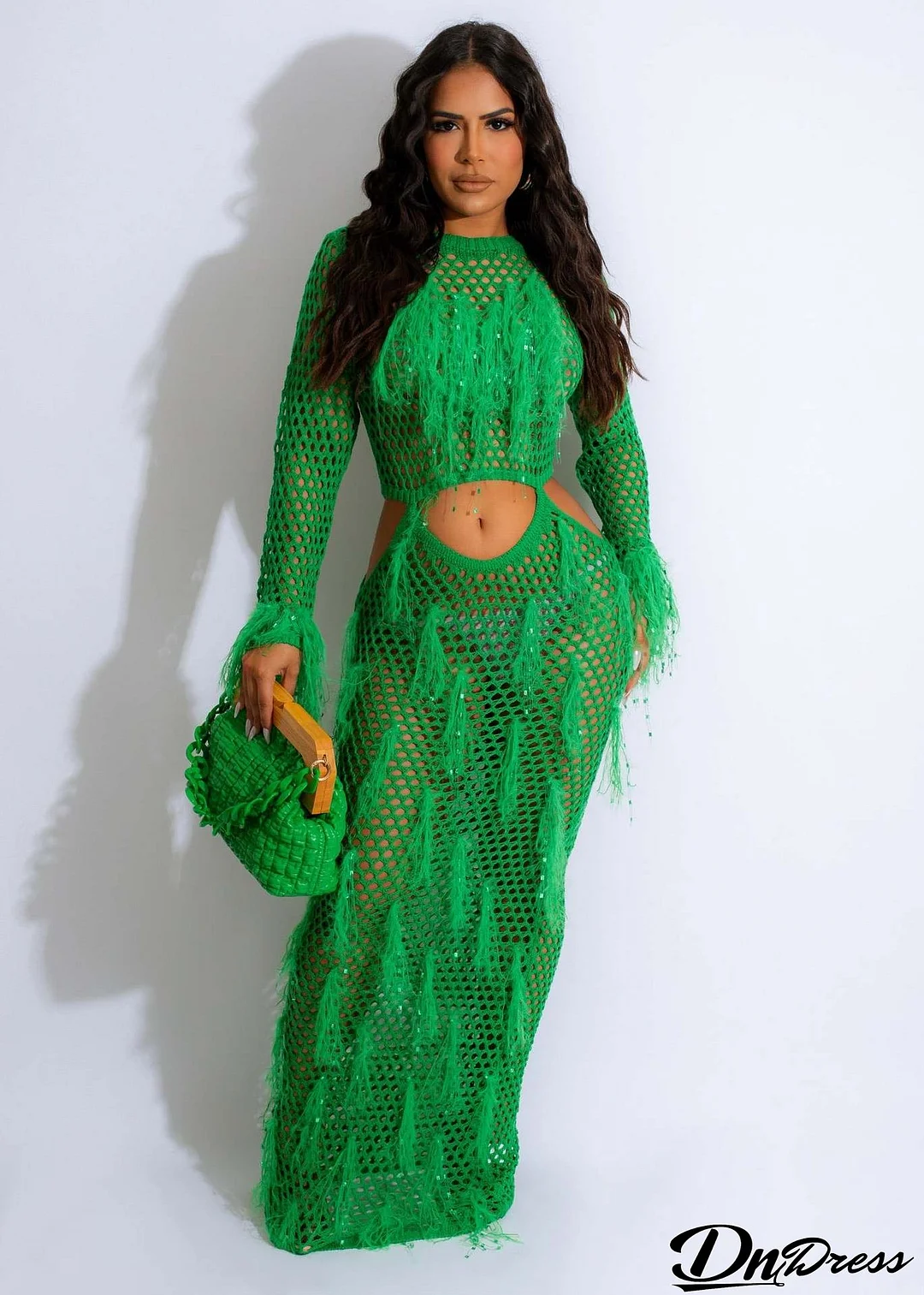 Women's Tassel Knitting Casual Hollow Sequin Beach Long Dress