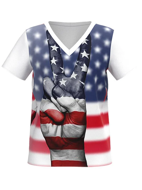 Women's USA Flag Printed Short Sleeve V-neck Loose T-shirt