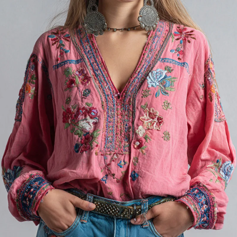 Women's Retro Ethnic Pink Awareness Flower Embroidery Printed Top