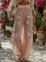 Women's Vintage Pink Roses Art Print Flowy Linen Blend Casual Pants