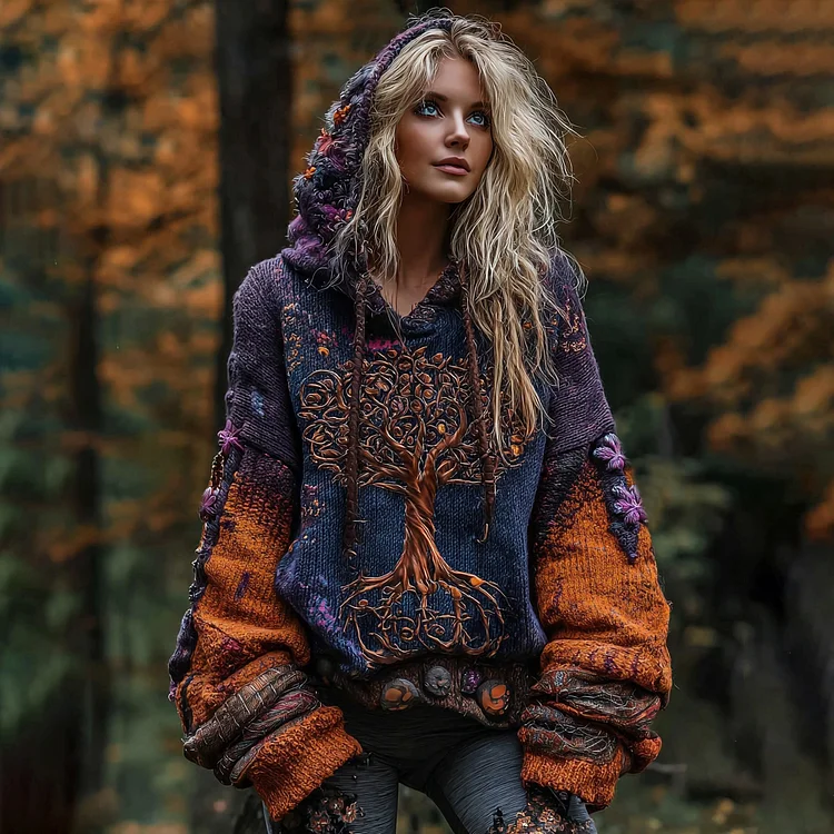 Tree Of Life Gothic Colorblock Hooded Sweater