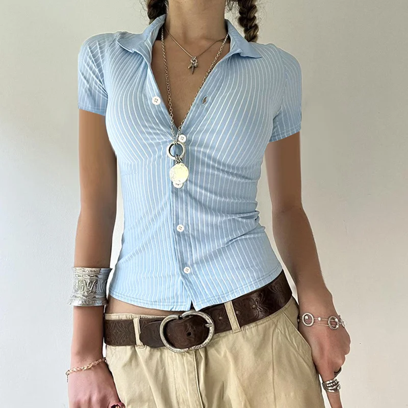 Woherb Woherb Hot Girl Simple Blue Striped Shirt Polo Collar Waist Versatile Single Breasted Casual Top-Outfit Ideas