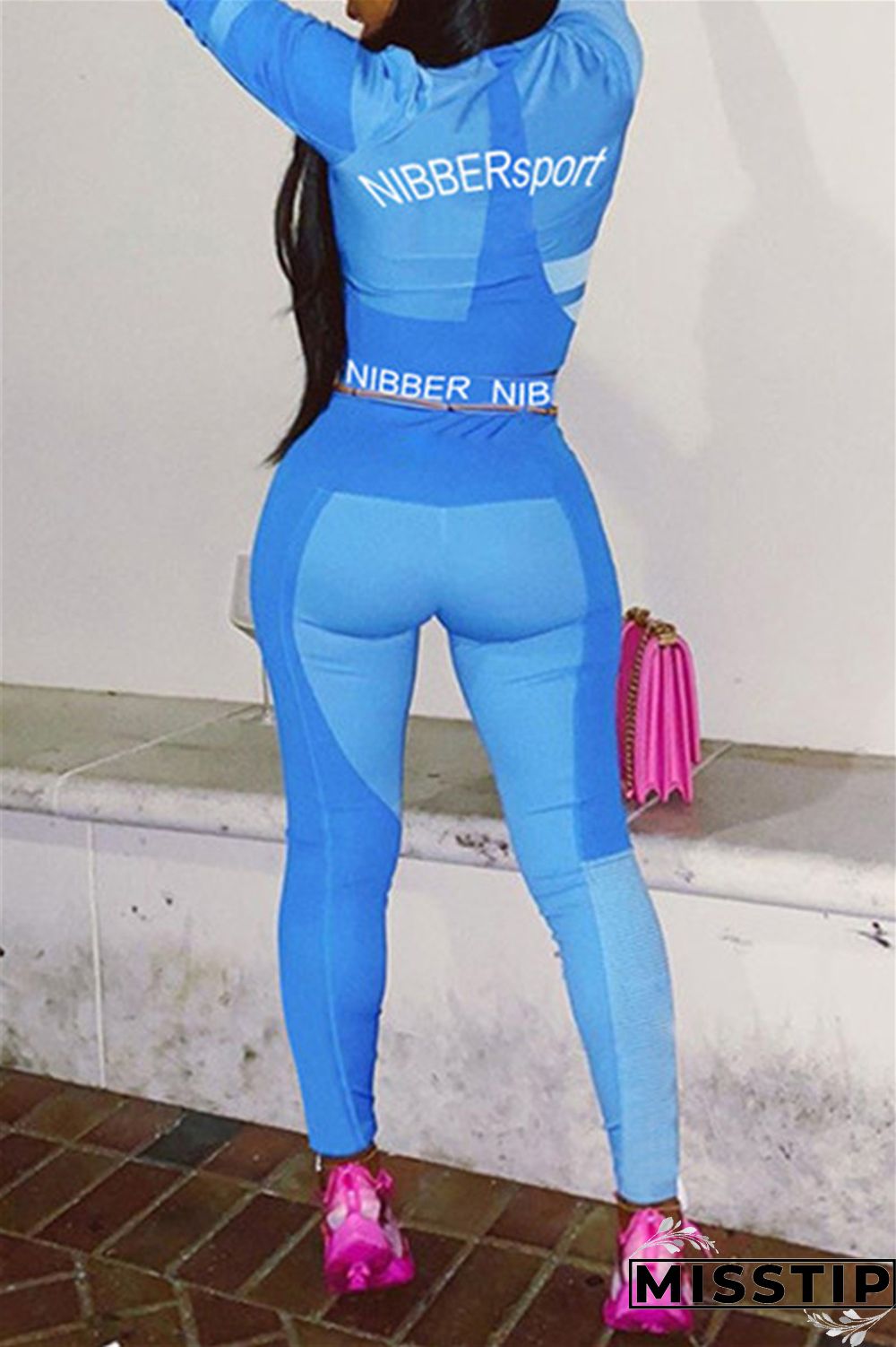 Blue Casual Sportswear Letter Print Basic Long Sleeve Two Pieces