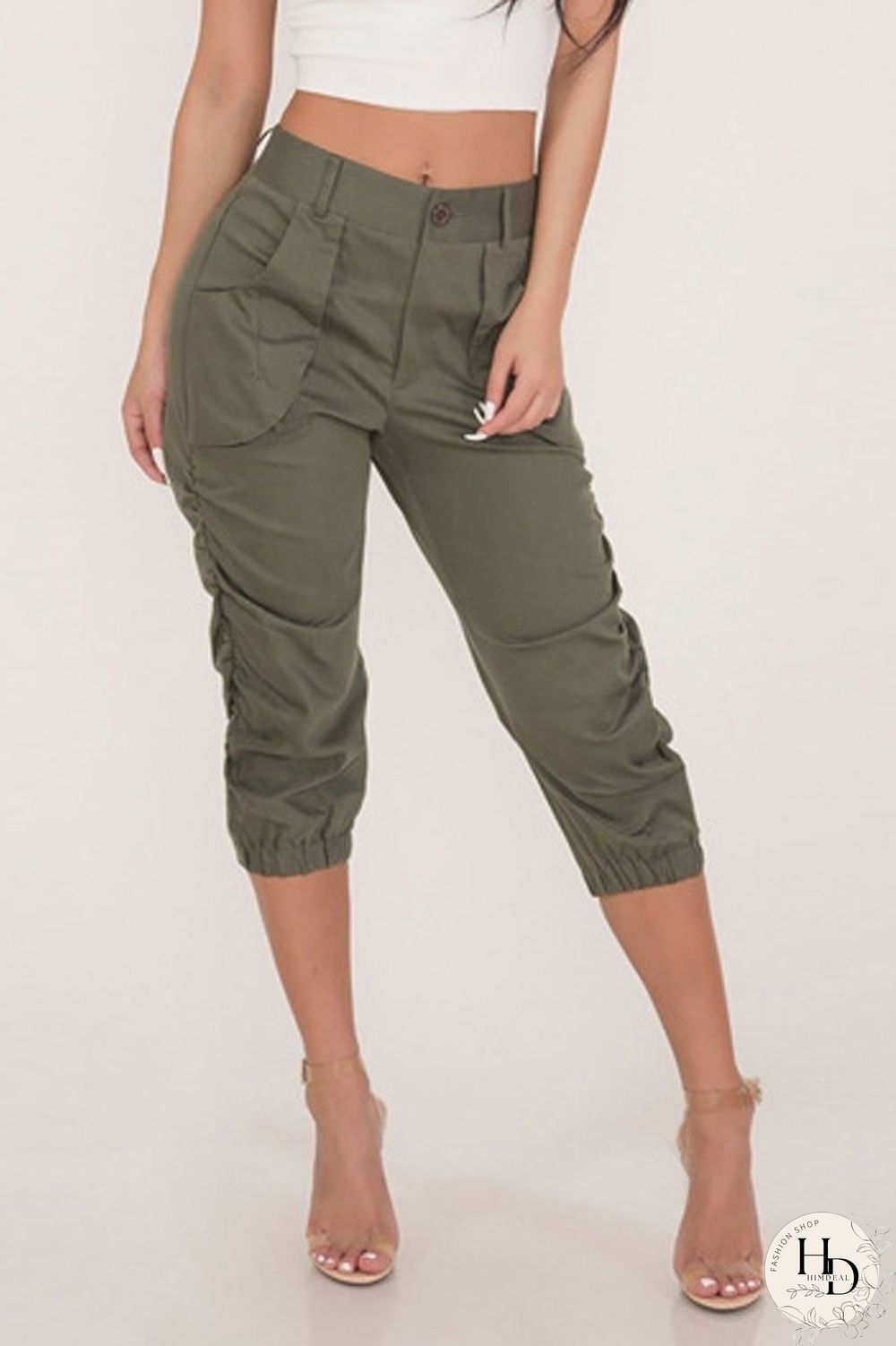 Solid Color Pocket High Waist Pants