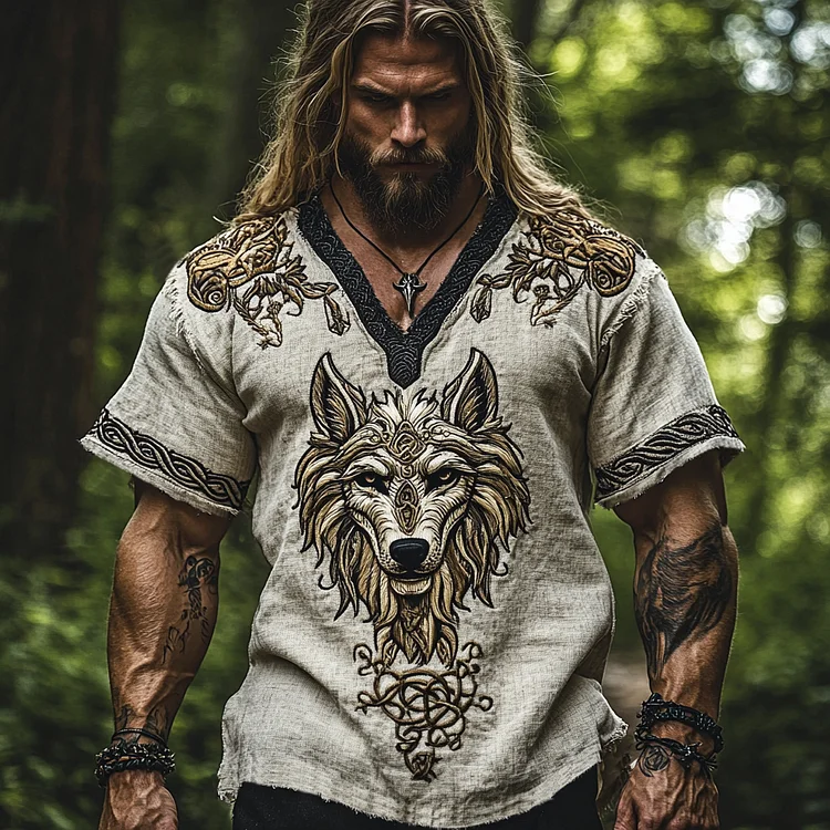 Men's Viking Wolf Print V-neck Short Sleeved Linen Blend T-shirt