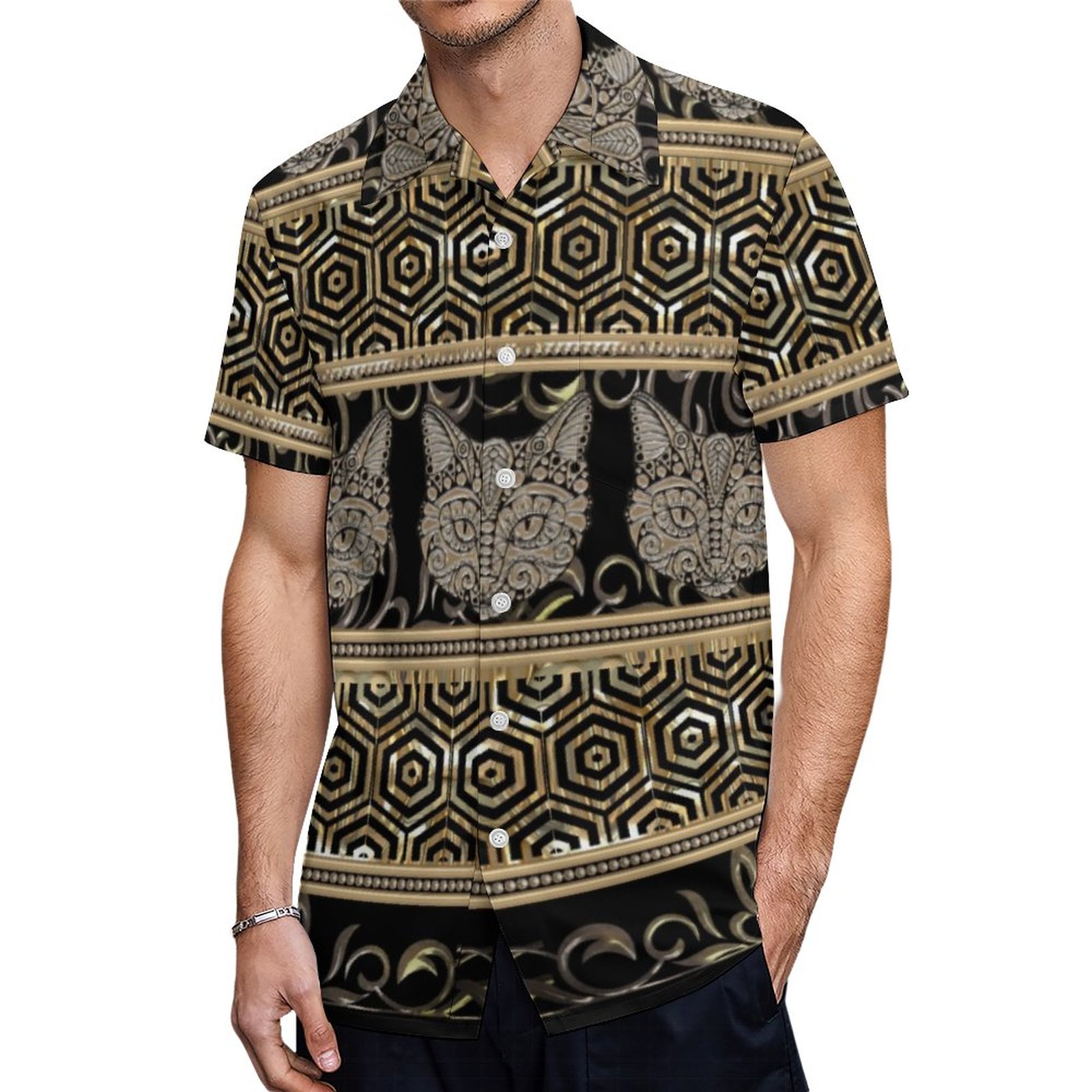 Egyptian Bohemian Tribal Cat Gold Designs Hawaiian Shirt Mens Button Down Tropical Hawaii Beach Shirts