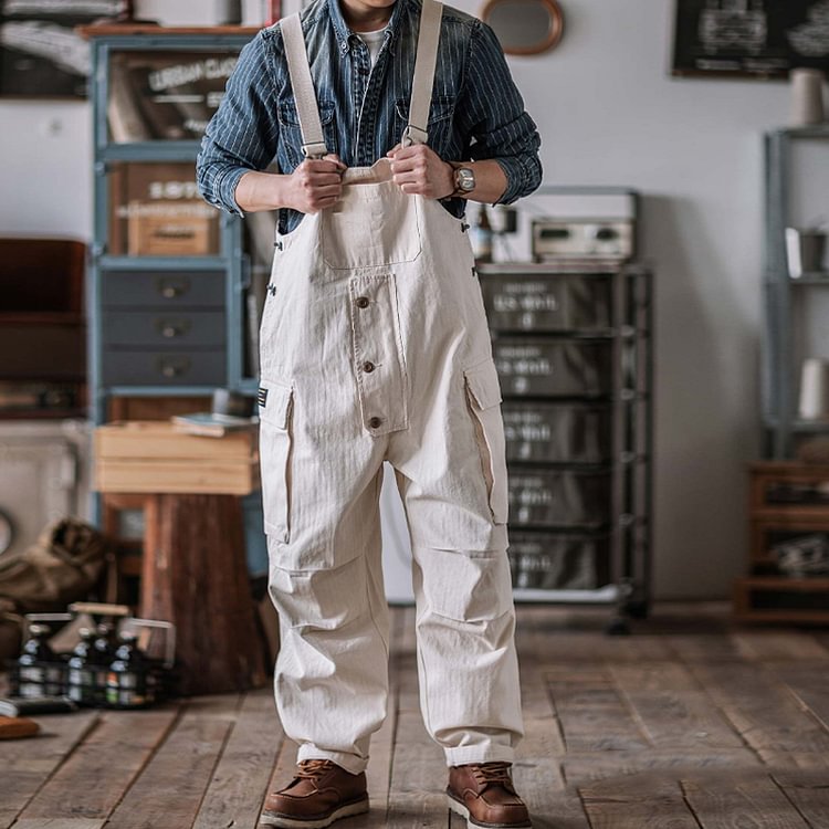 Retro Loose Workwear Washed Pocket Straight Casual Overalls