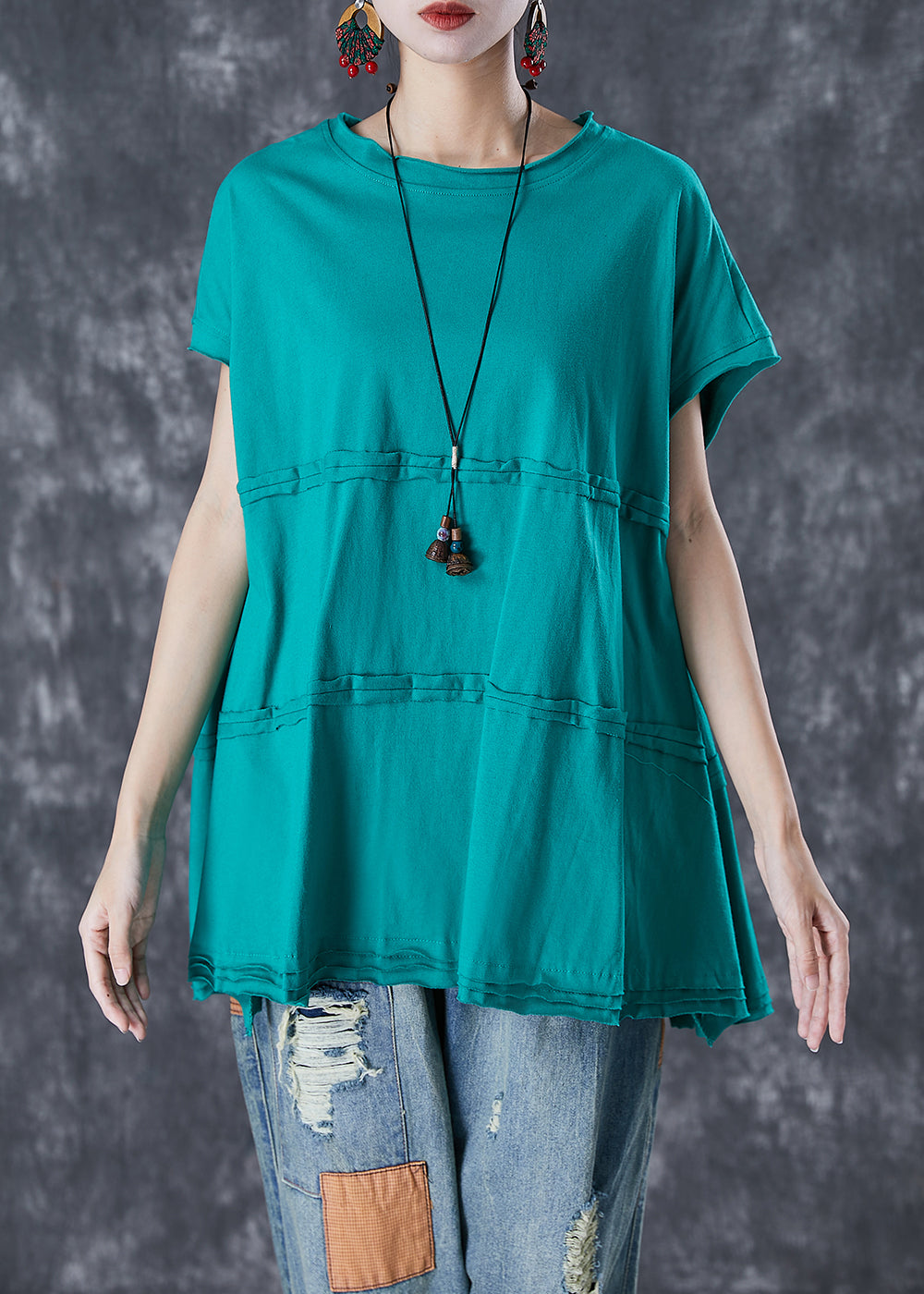 VCSHOES Green Oversized Patchwork Cotton Top Summer