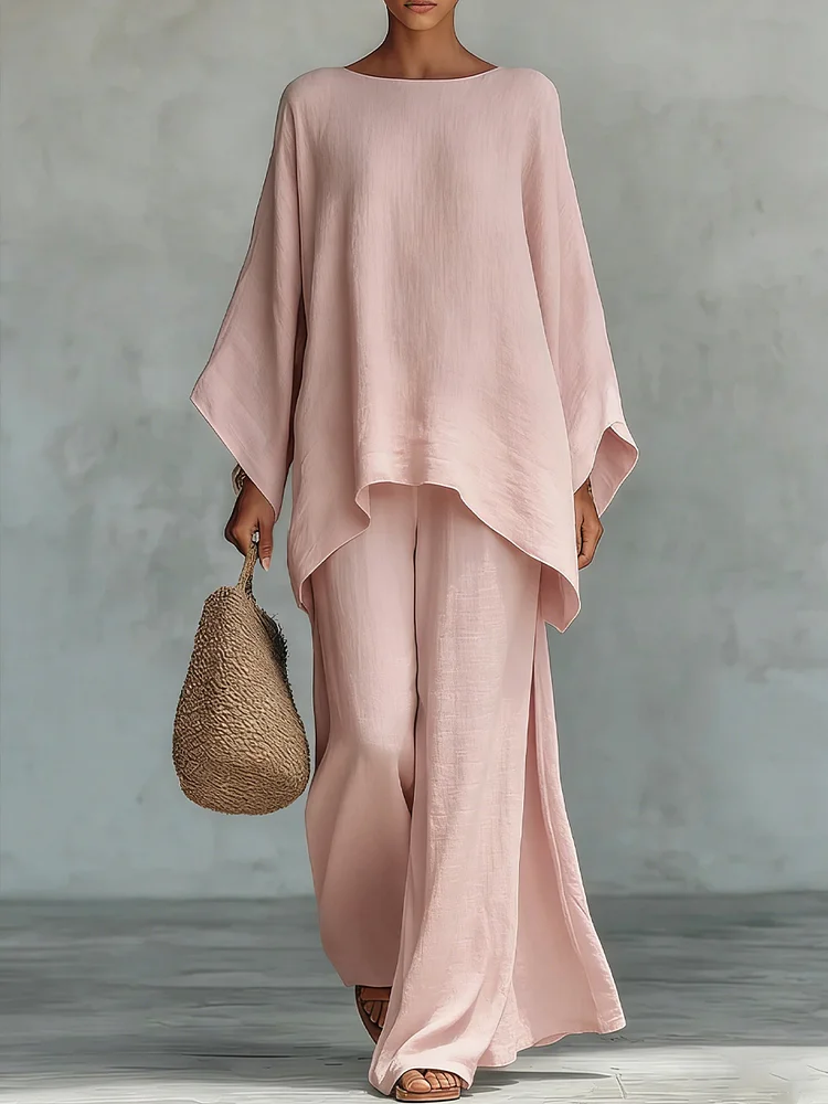 Women's Round Neck Long Sleeve Wide-leg Casual Irregular Hem Two-piece Pants Set