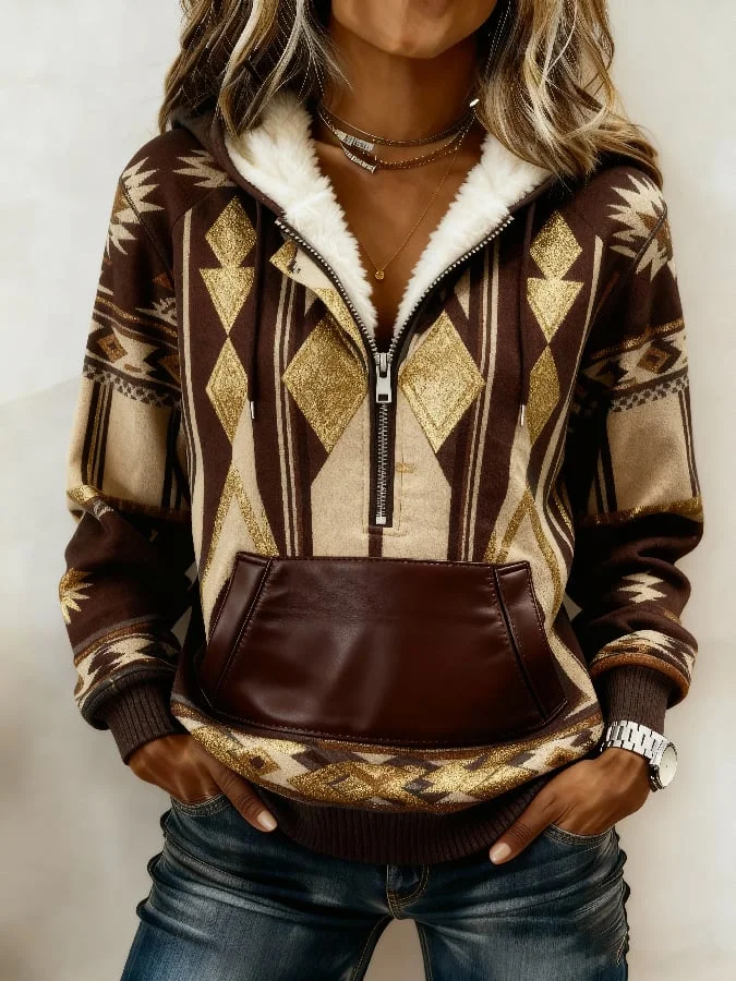 Women's Retro Western Print Fur Collar Sweatshirt 