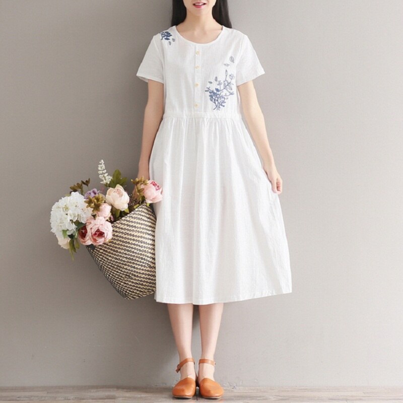 Summer Women Floral Dress Cotton Linen Short Sleeve Floral Embroidery Elegant Midi Dress