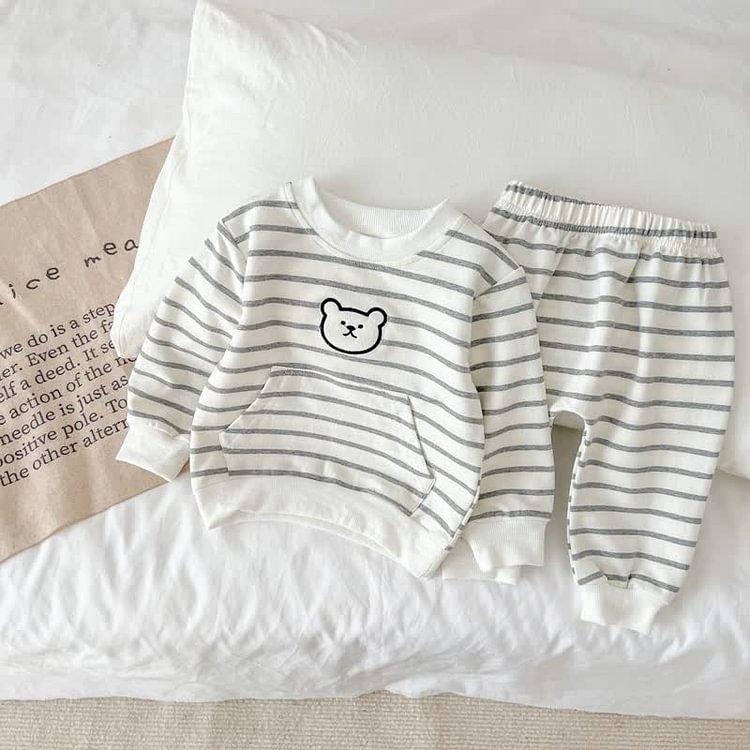 Baby Embroidered Striped Bear Sweatshirt and Pants Set
