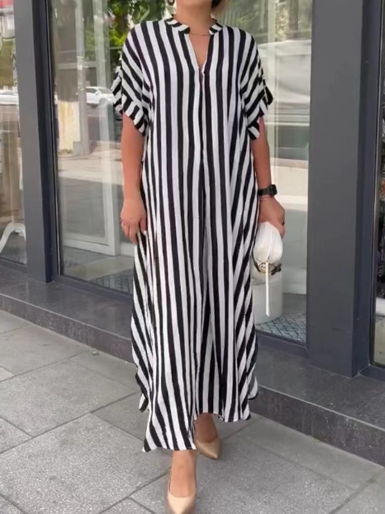 Women's Short Sleeve V-neck Striped Printed Maxi Dress