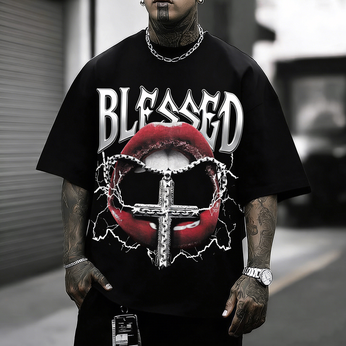 Cotton T-Shirt With Gothic Cross And Lip Graphic Design