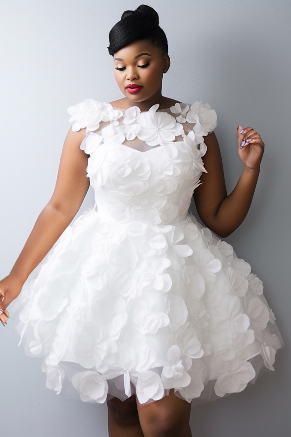 Xpluswear Design Plus Size Party White Elegant Round Neck 3D Tulle Mini Dresses [Pre-Order]