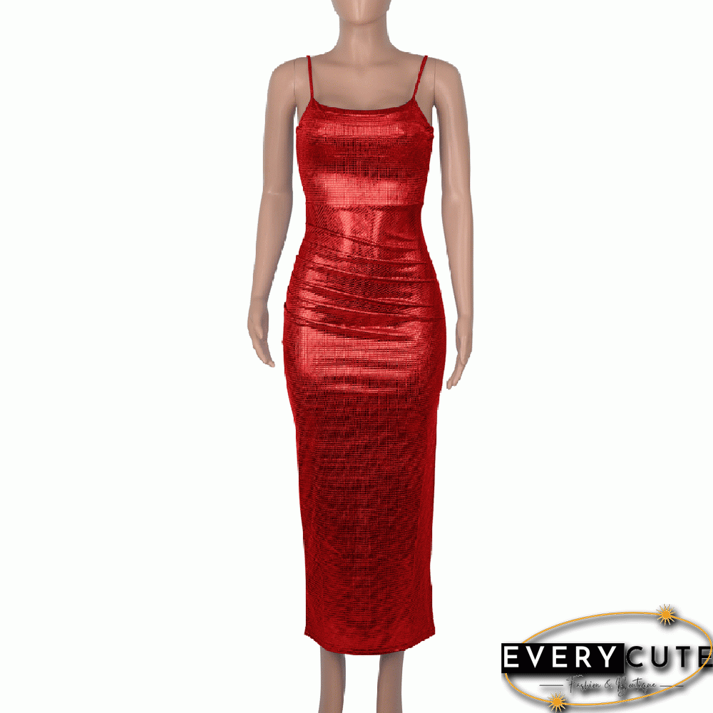 Red Sleeveless Ruched Midi Bodycon Dress