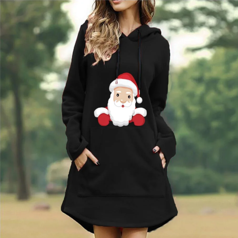 Christmas Print Hooded Long Sleeve Women's Sweatshirt Dress