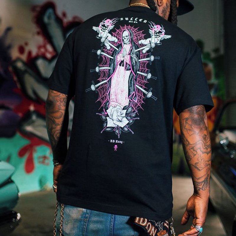 Skeleton weapon print loose men's T-shirt -  