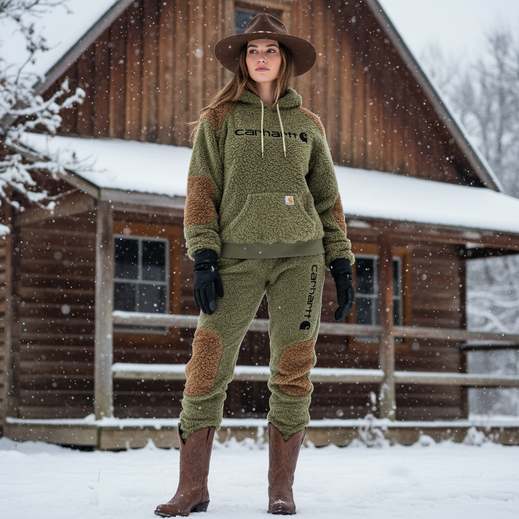 Women's Vintage Embroidered Fleece Olive Green Color Block Pocket Hoodie And Sweatpants Jogger Set