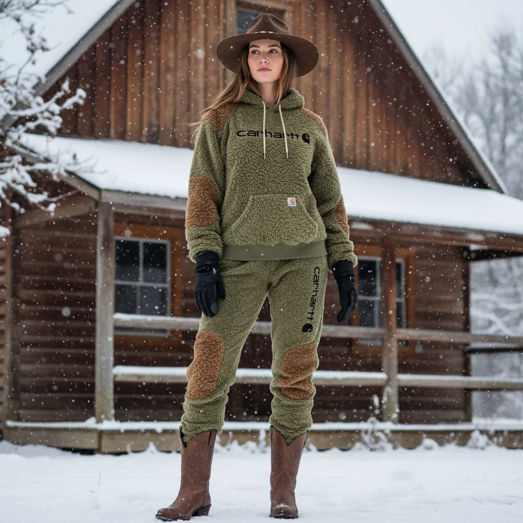 Women's Vintage Embroidered Fleece Olive Green Color Block Pocket Hoodie And Sweatpants Jogger Set