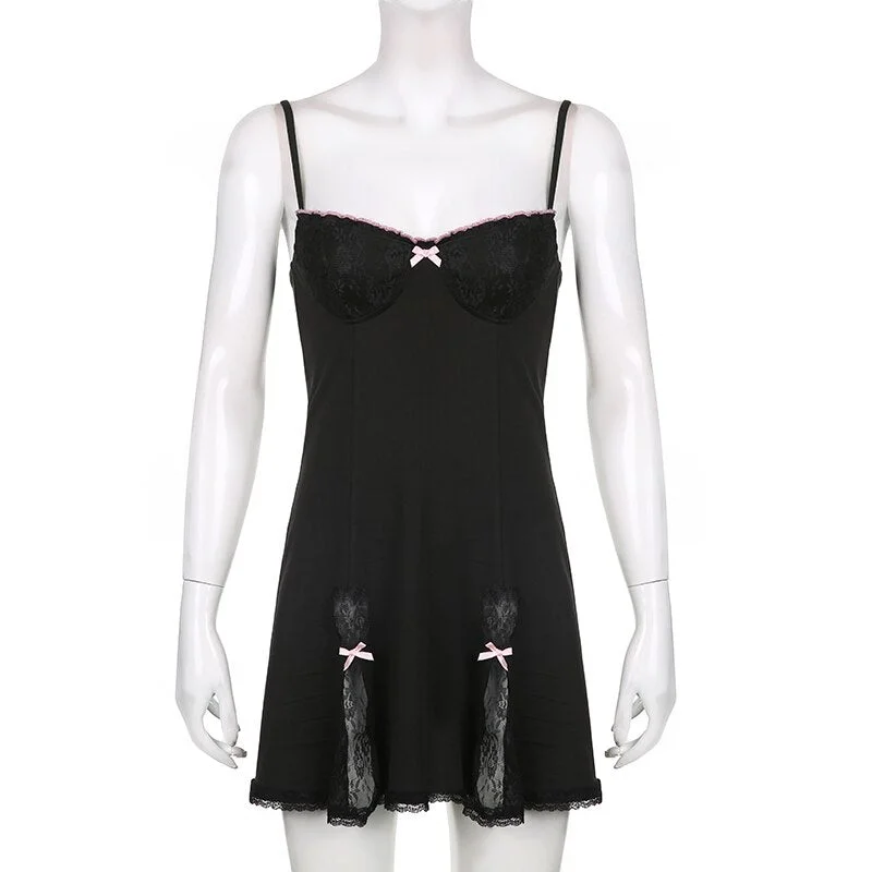 Sweetown Dark Academia Cute Black Slip Dresses For Women Patchwork Lace Kawaii 2000s Clothes Sleeveless V Neck Sexy Mini Dress