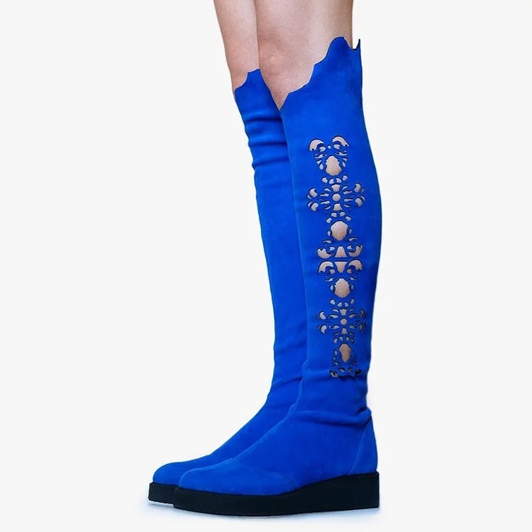 Royal Blue Suede Boots Hollow Out Flat Knee High Boots |FSJ Shoes