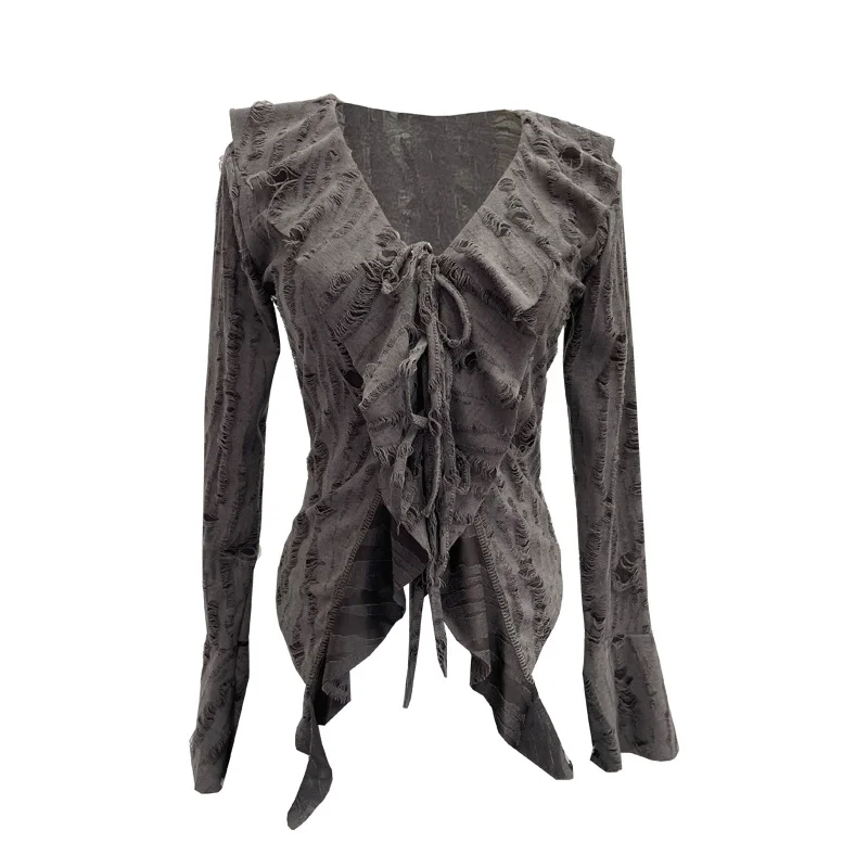 Uveng Dark Wind To Make Old Hole Horn Long Sleeve Open Shirt Tie With Lotus Leaf Side V Collar Sunscreen Shirt 9280