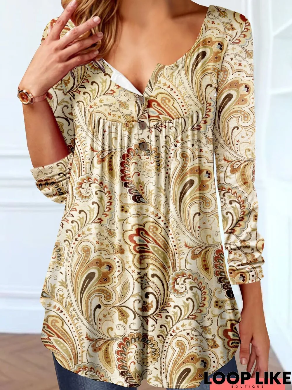 Notched Casual Ethnic Printed Button Tunic T-Shirt