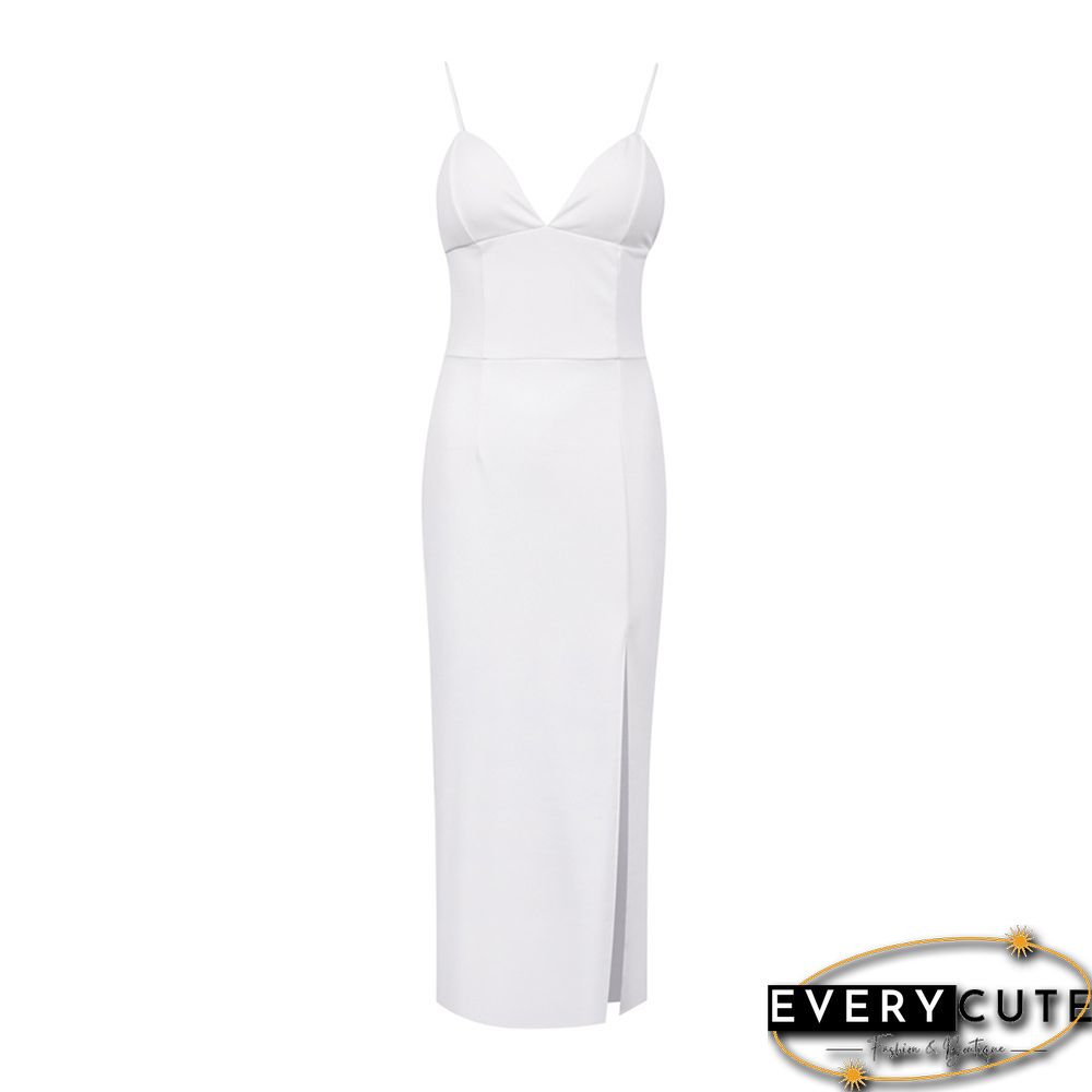 White Cotton Blend Knit Split Bodycon Dress