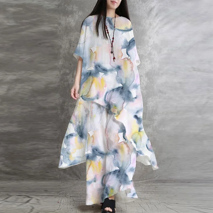 Loose Cotton And Linen Short Sleeve Printed Top And Pants Suits