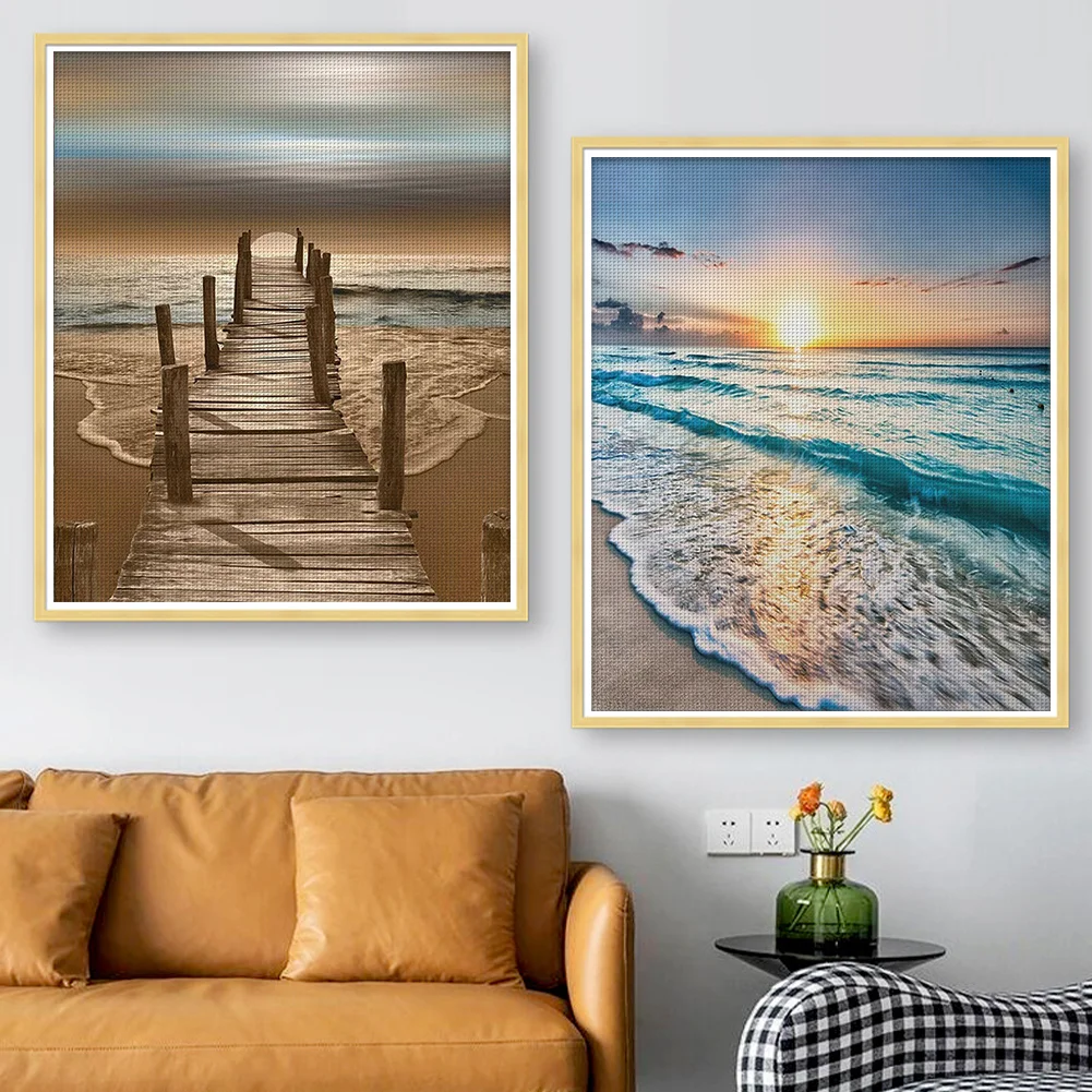 (2pcs)11CT Full Stamped Cross Stitch - Seaside(Canvas|40*40CM)/(Canvas|36*46CM)